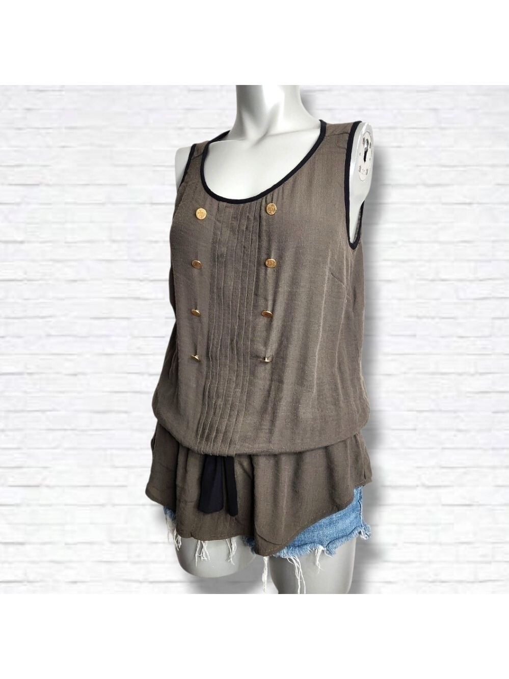 Sandro Paris Sleeveless Olive Green Tunic Top With Gold Buttons Size 2/M